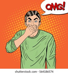 Pop Art Worried Man Closes his Mouth in Shock. Vector illustration