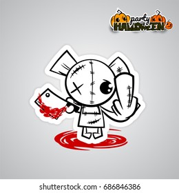 Pop art wow comic book text poster party. Halloween evil bear funny monster knife finger fuck. Ugly angry monochrome thread needle sewing voodoo doll Vector horror Halloween illustration sticker paper