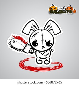 Pop Art Wow Comic Book Text. Ugly Angry Monochrome Thread Needle Sewing Voodoo Doll. Vector Crazy Evil Rabbit Sticker Paper. Halloween Evil Bunny Rabbit Cartoon Funny Monster Electric Saw Blood.