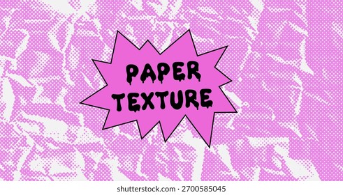 Pop art Y2K style vector background with a halftone grunge effect in pink and white. Paper texture with dots and wrinkles.