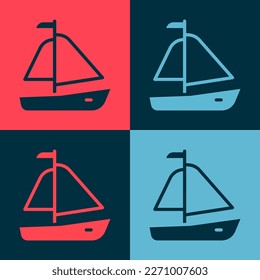 Pop art Yacht sailboat or sailing ship icon isolated on color background. Sail boat marine cruise travel.  Vector