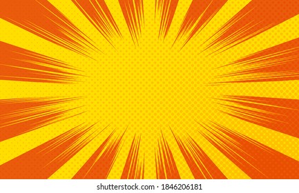 Pop art yellow background. Comic cover with halftone and sunburst 