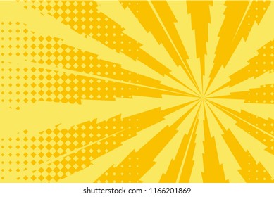 Pop art yellow background, retro comic rays and lightning illustration