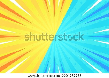Pop art yellow and blue comic book cover cartoon magazine. Cute cartoon retro stripe mock up pattern. Vector illustration of halftones. Vintage background for comic superhero text, speech bubbles