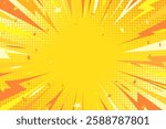 Pop art yellow comic book background. Trendy creative pop art orange halftone style background. Anime explosion design with thunder lightning rays