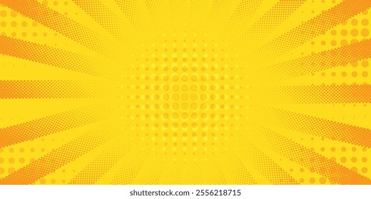 Pop art yellow comic book cartoon magazine cover. Cartoon cute retro Strip pattern mock up. Vector halftone illustration. Vintage background for comic superhero text, speech bubble, message.