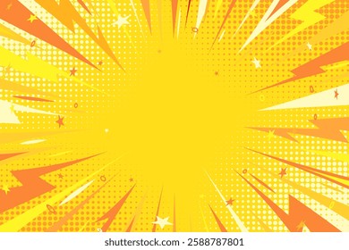 Pop art yellow comic book background. Trendy creative pop art orange halftone style background. Anime explosion design with thunder lightning rays