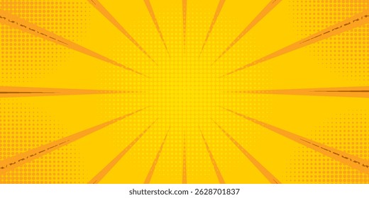 Pop art yellow comic book cartoon magazine cover. Cartoon cute retro Strip pattern mock up. Vector halftone illustration. Vintage background for comic superhero text, speech bubble, message.