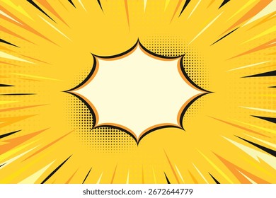 Pop art yellow comic book background. Comic explosion background with empty speech bubble. Anime explosion design with space for text
