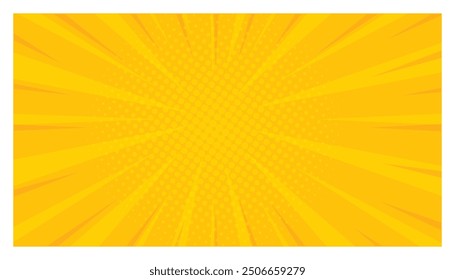 Pop art yellow comics book. comic magazine cover. sunburst vector. sun rays yellow background with halftone