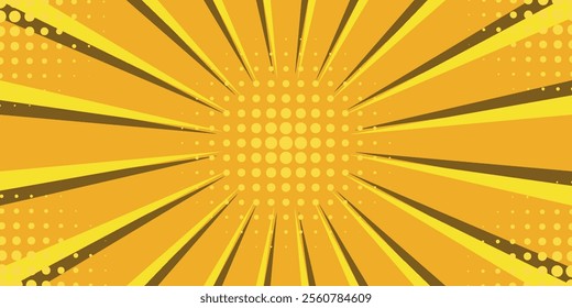 Pop art yellow comics book cartoon magazine cover. Cartoon funny retro pattern strip mock up. Vector halftone illustration. Vintage backdrop for comic superhero text, speech bubble, message.