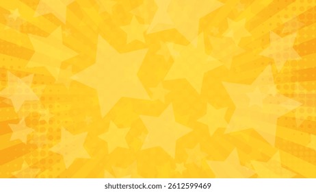 Pop art yellow comics book cover. Cartoon retro pattern with stars. Vector backdrop for superhero text, speech bubble