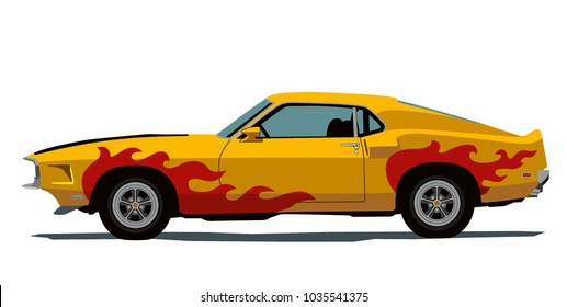 Pop art, yellow retro car of the seventies. Side view