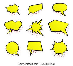 Pop art yellow speech bubble set. Vector comics design elements.