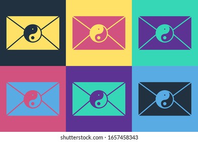 Pop art Yin Yang and envelope icon isolated on color background. Symbol of harmony and balance.  Vector Illustration
