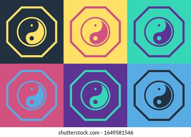 Pop art Yin Yang symbol of harmony and balance icon isolated on color background.  Vector Illustration