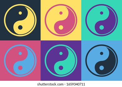 Pop art Yin Yang symbol of harmony and balance icon isolated on color background.  Vector Illustration