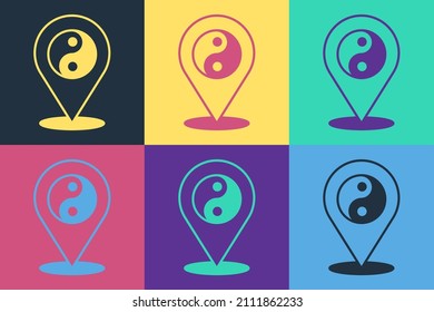 Pop art Yin Yang symbol of harmony and balance icon isolated on color background.  Vector