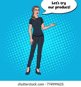 Pop Art Young Beautiful Business Woman Showing on Blank Area Advertising Product. Vector illustration