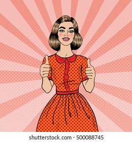 Pop Art Young Beautiful Woman Gesturing Great. Smiling Girl Showing Thumbs Up. Vector illustration