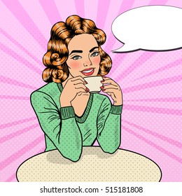 Pop Art Young Beautiful Woman Drinking Coffee in Cafe. Vector illustration