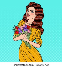 Pop Art Young Beautiful Woman Holding Bouquet of Flowers. Vector illustration