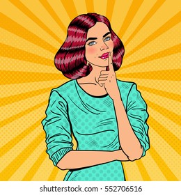 Pop Art Young Beautiful Woman Thinking. Vector Illustration