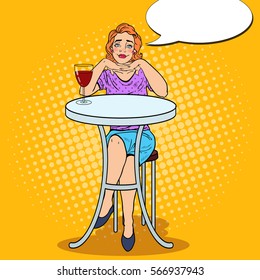 Pop Art Young Beautiful Woman in Love with Glass of Wine. Vector illustration