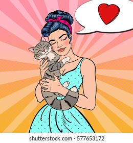 Pop Art Young Beautiful Woman Embracing Cat. Vector illustration