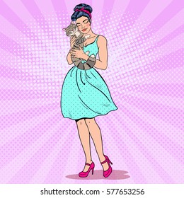 Pop Art Young Beautiful Woman Embracing Cat. Vector illustration
