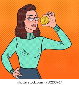Pop Art Young Business Woman Holding Golden Bitcoin. Virtual Crypto Currency. Vector illustration