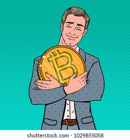 Pop Art Young Businessman Holding Big Bitcoin Coin. Crypto Currency Decentralized Technology. Vector Illustration