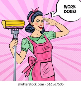 Pop Art Young Confident Housewife Woman Cleaning House with Mop. Vector illustration