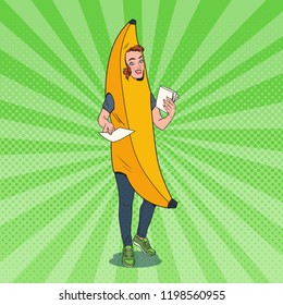 Pop Art Young Female Promoter With Advertising Flyers. Woman In Banana Costume. Teenage Cheerful Girl Promoting Something. Vector Illustration