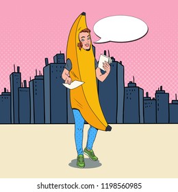 Pop Art Young Female Promoter With Advertising Flyers. Woman In Funny Banana Costume. Teenage Cheerful Girl Promoting Something. Vector Illustration