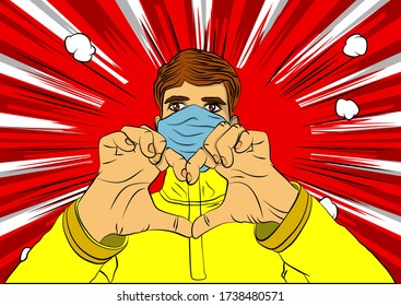 Pop Art Young handsome man wearing face mask and doing a love sign with his hands - comic book style, cartoon vector illustration.