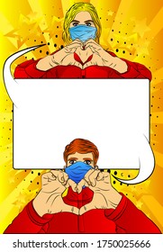 Pop Art Young handsome man and beautiful woman wearing face mask and doing love sign with their hands - comic book style, cartoon vector illustration.