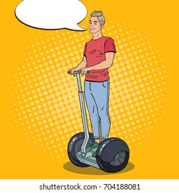 Pop Art Young Man Driving Segway. Urban Transport. Vector illustration