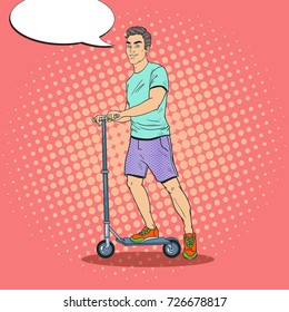 Pop Art Young Man Driving Push Scooter. Smiling Guy on Kickscooter. Vector illustration