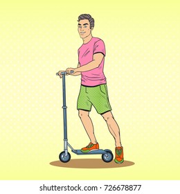 Pop Art Young Man Driving Push Scooter. Smiling Guy on Kickscooter. Vector illustration