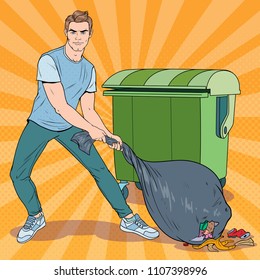 Pop Art Young Man Holding Trash Bag. Guy with Stinky Garbage Bag. Vector illustration
