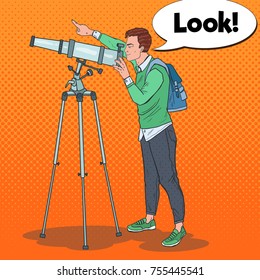 Pop Art Young Man Looking Through a Telescope on the Sky. Astronomical Equipment. Vector illustration