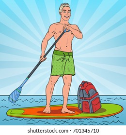 Pop Art Young Man Paddling on Stand Up Paddle Board. SUP Watersport on the Sea. Vector illustration