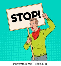 Pop Art Young Man Protesting on the Picket with Blank Banner. Strike and Protest Concept. Guy Shouting on Demonstration. Vector illustration