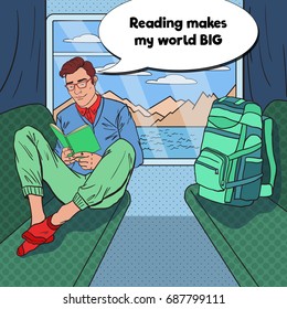 Pop Art Young Man Traveling by Train and Reading Book. Summer Vacations. Vector illustration