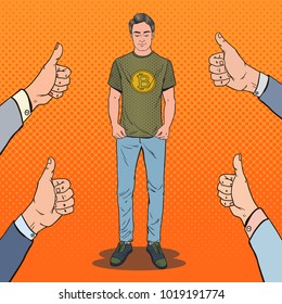 Pop Art Young Man Wearing in T-shirt with Bitcoin Print and Thumbs Up Hands. Crypto Currency Business. Vector illustration