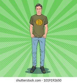 Pop Art Young Man Wearing in T-shirt with Bitcoin Print. Crypto Currency Business. Vector illustration