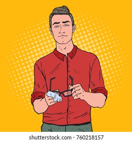 Pop Art Young Man Wiping his Eyeglasses with Rag. Vector illustration