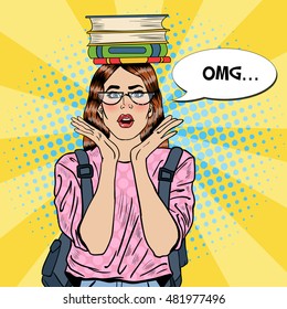 Pop Art Young Pretty Woman Student With Books On Her Head. Vector Illustration