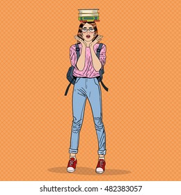 Pop Art Young Pretty Woman Student With Books On Her Head. Vector Illustration